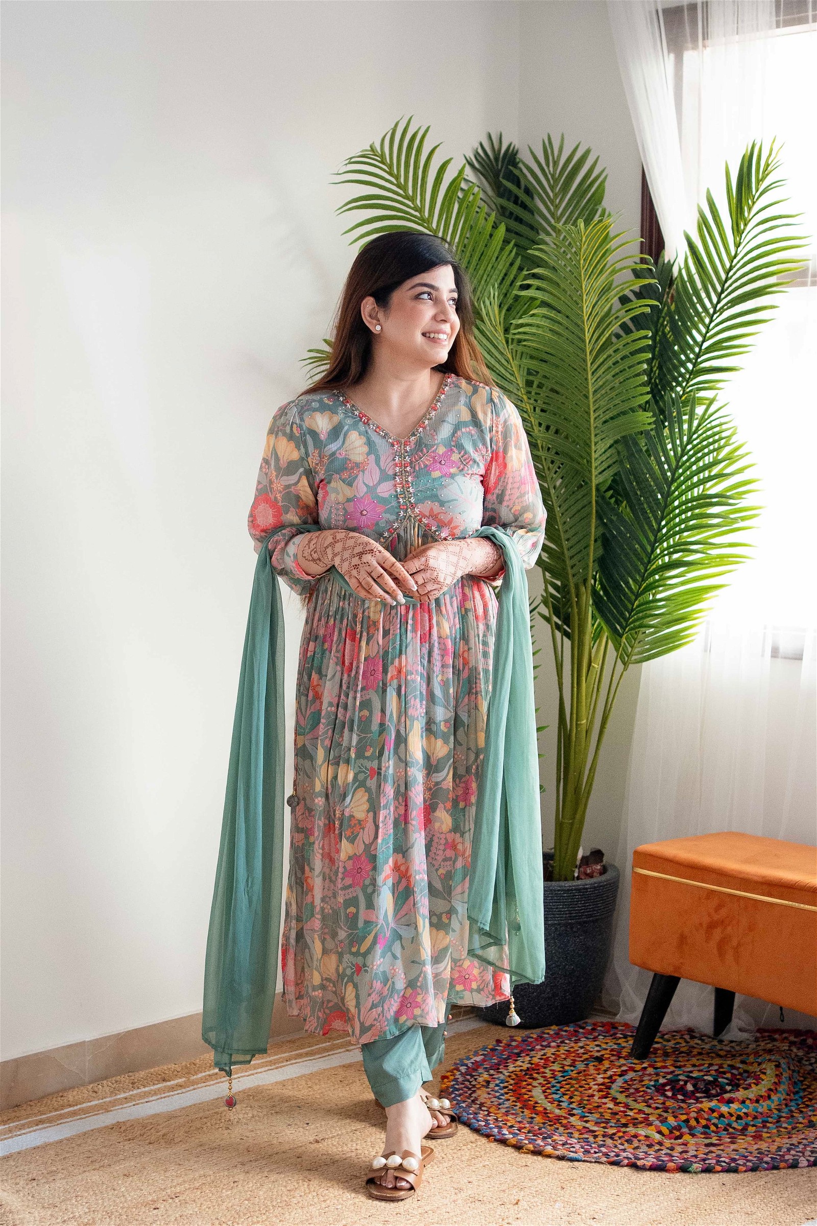 Party Wear Kurta Set with Alia Cut, Floral Embroidery, Mirror Work, and Green Colored Chiffon Dupatta and Pants