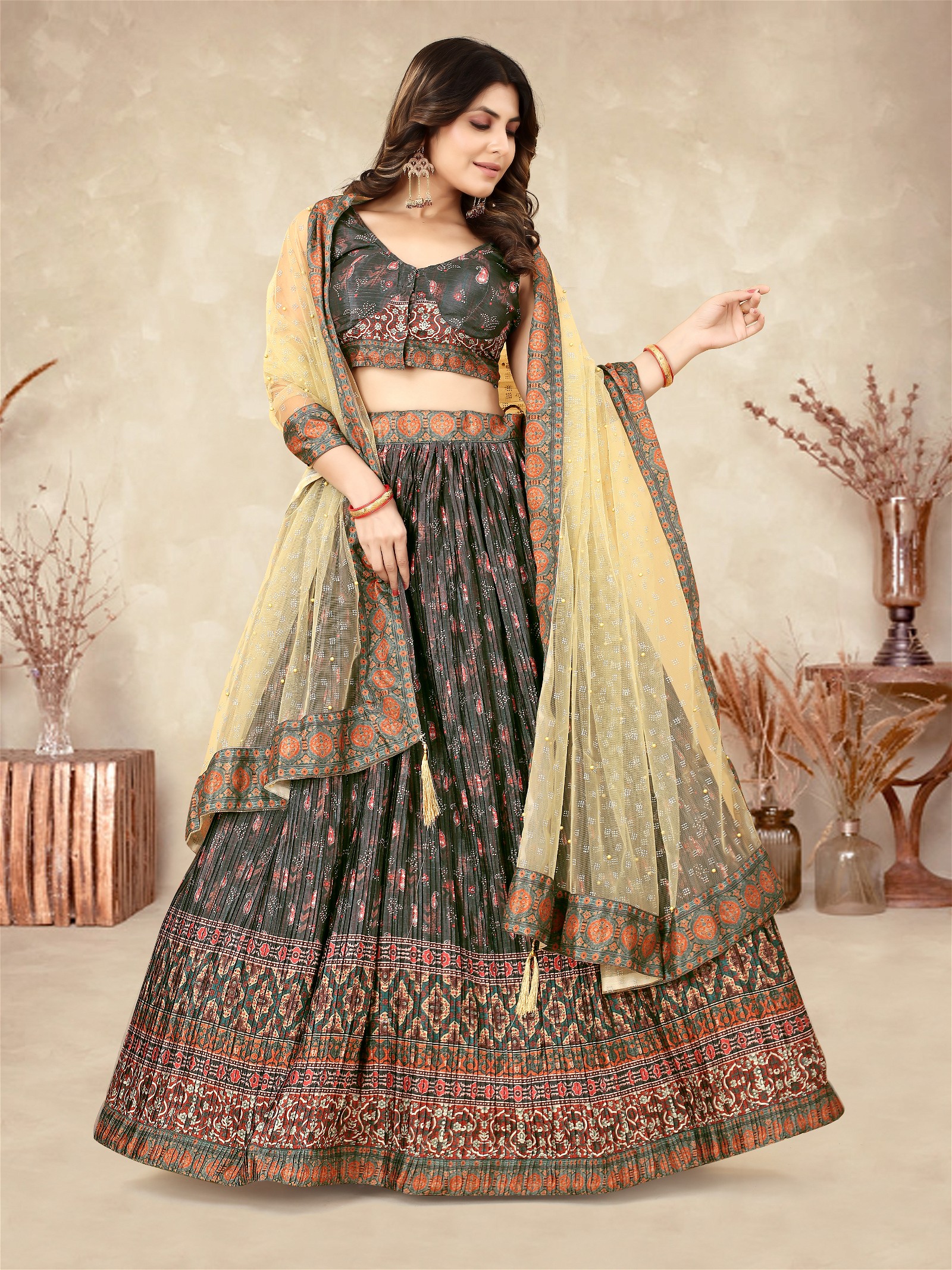 Digital Printed Olive Green Pleated Crape Lehenga Choli For Women