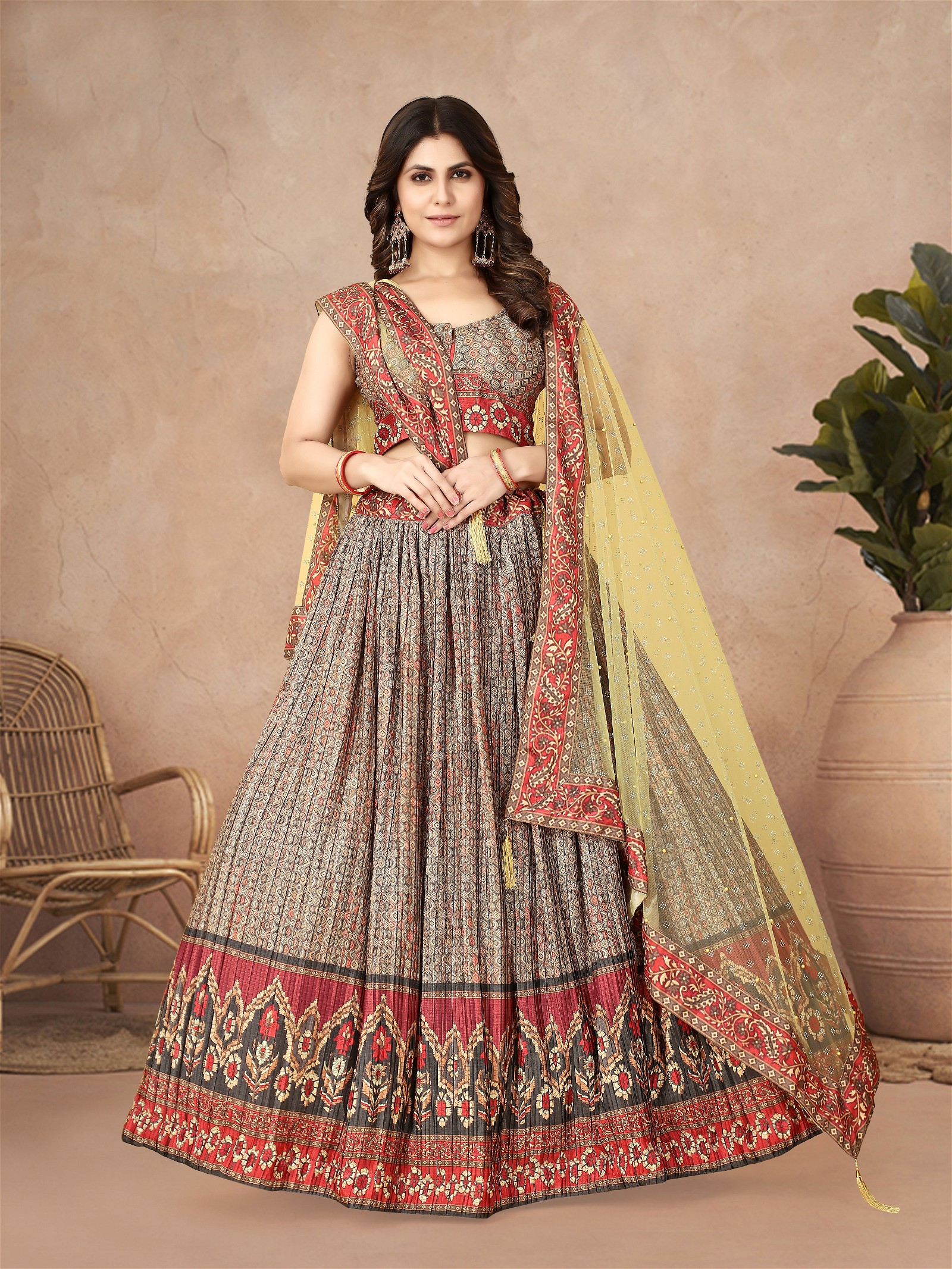 Digital Printed Multi Color Pleated Crape Lehenga Choli For Women