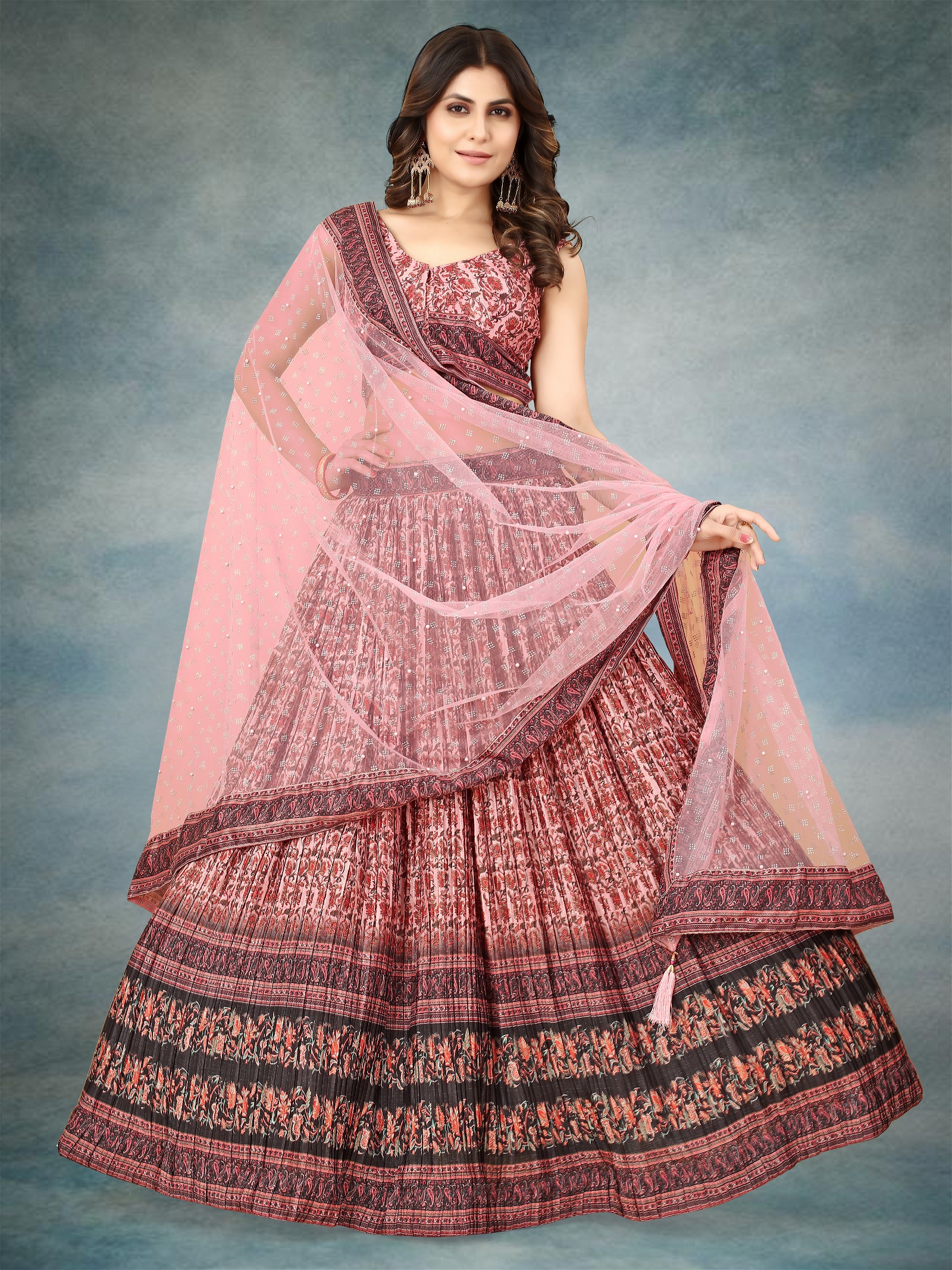 Digital Printed Pink Pleated Crape Lehenga Choli For Women