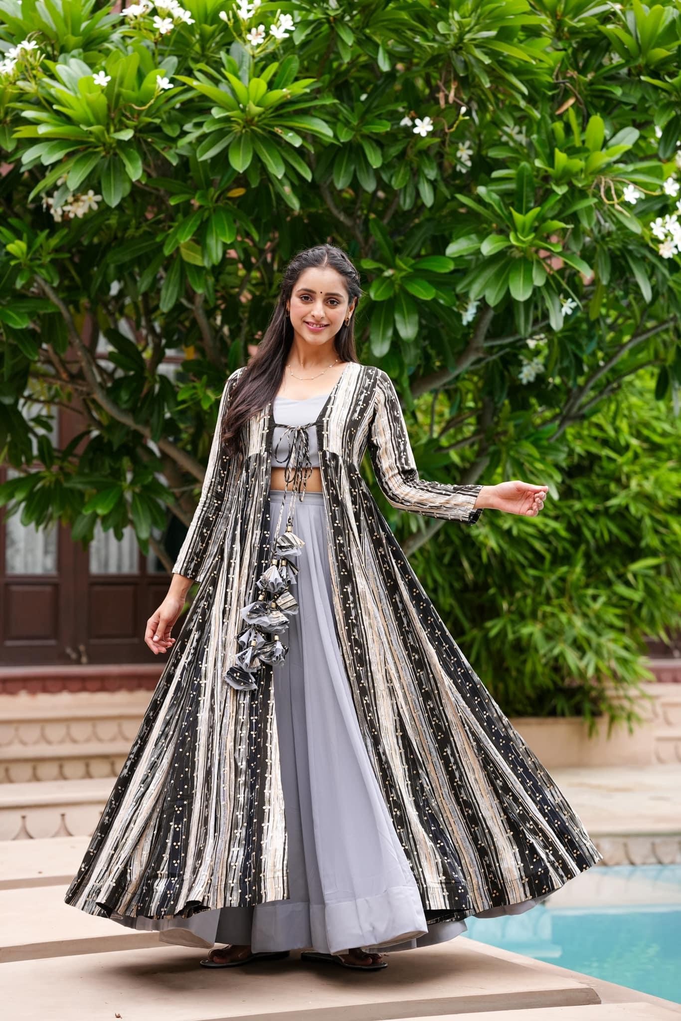 Printed Light Gray Indo Western Shrug Style Gown for Women