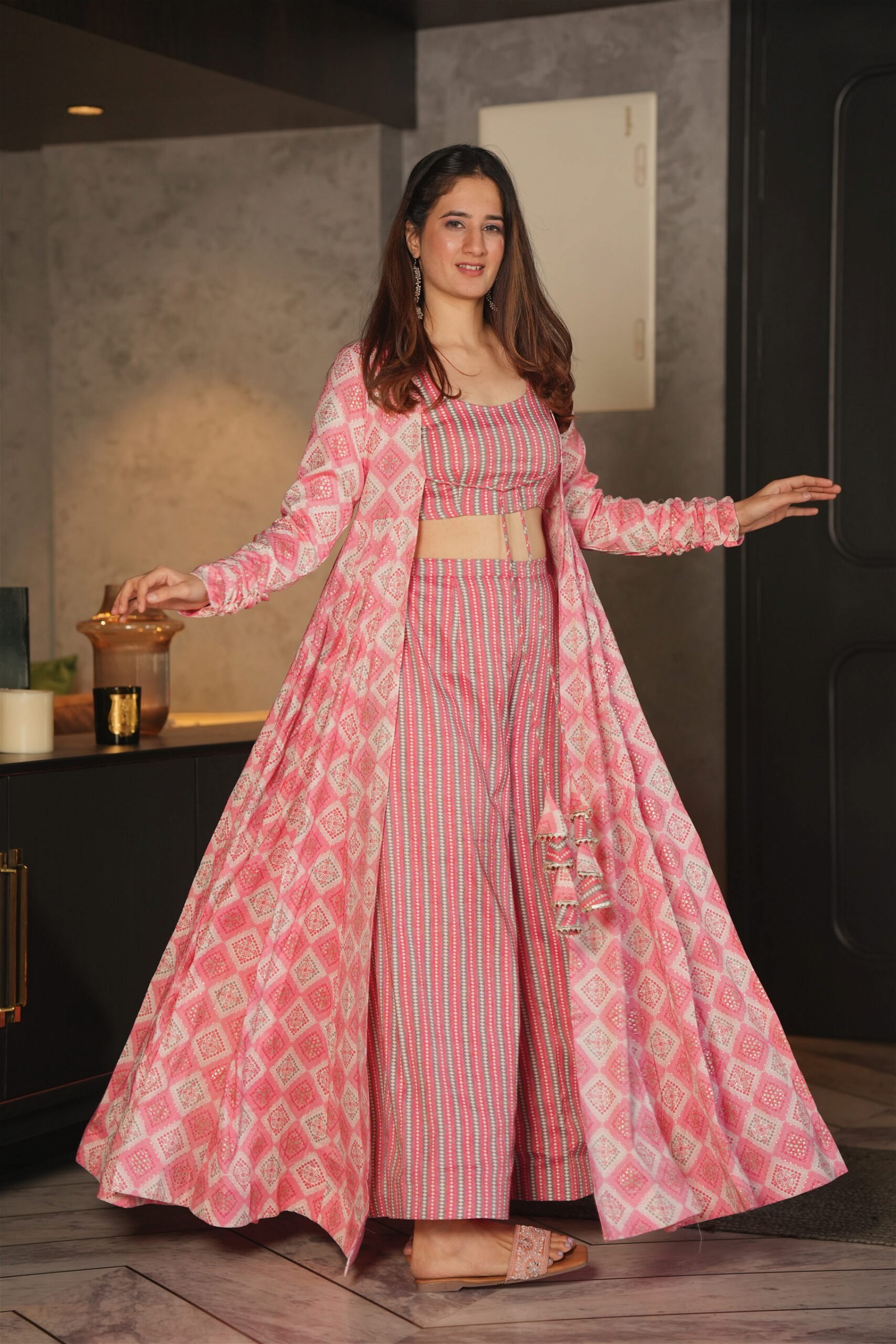 Printed Barbie Pink Indo Western Shrug Style Gown for Women