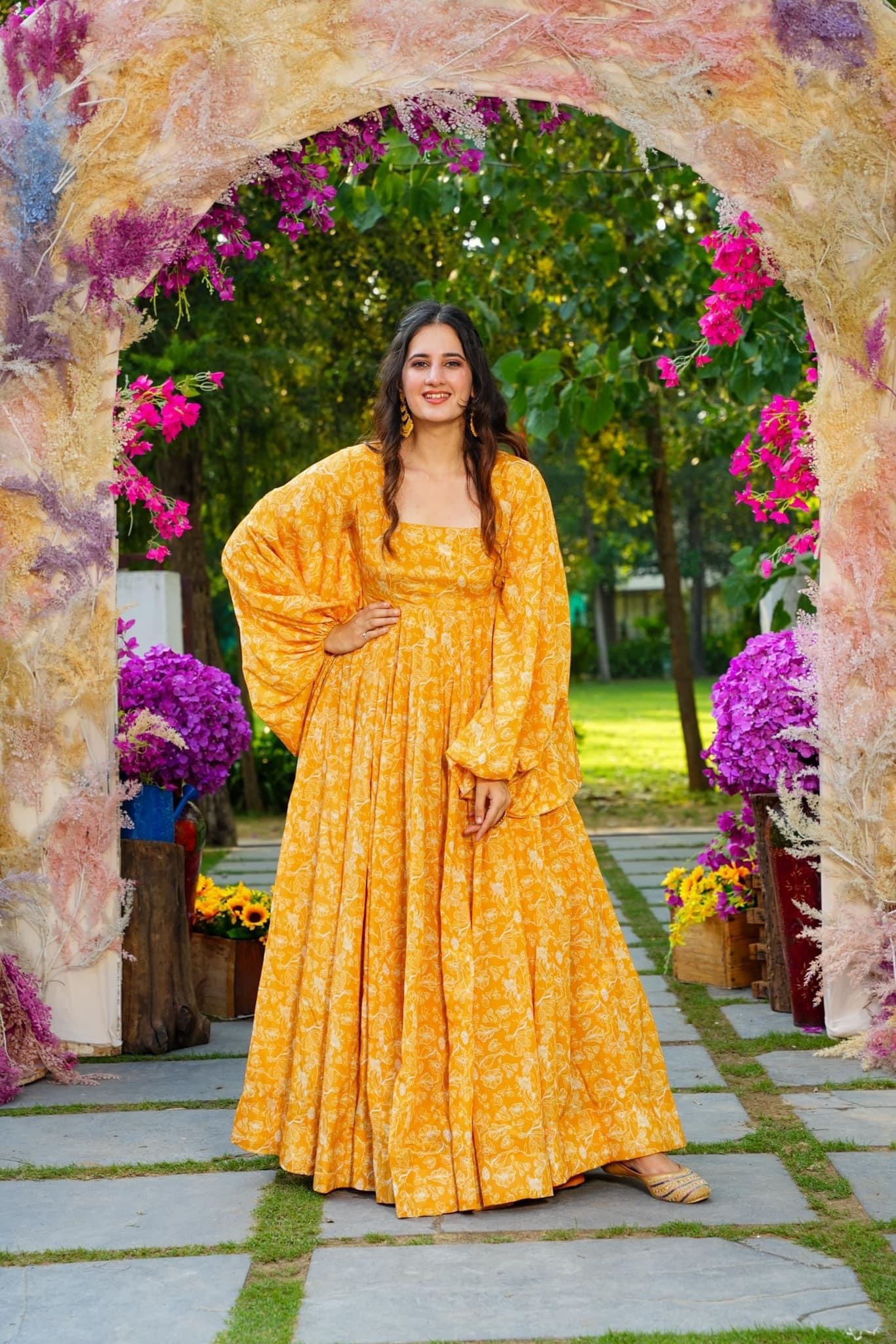 Beautiful Stylish Yellow Full Flair Gown for Women