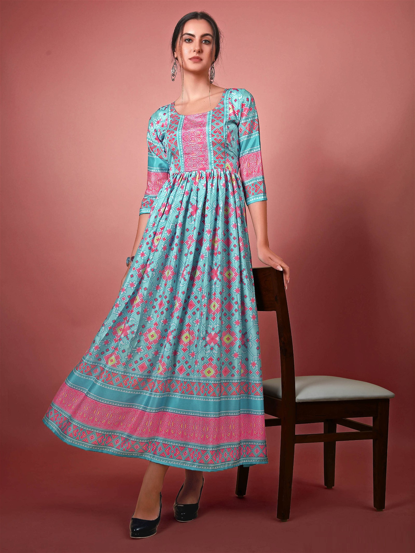 Blue Moonstone Digital Chinon Printed Long Gown