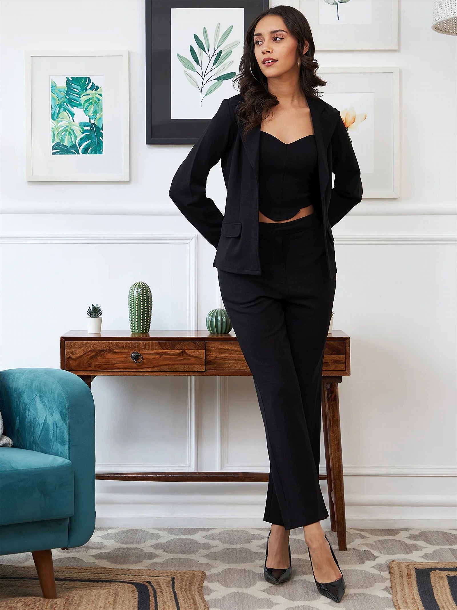 TROUSER SET TOP JACKET BLACK CO-ORD AND