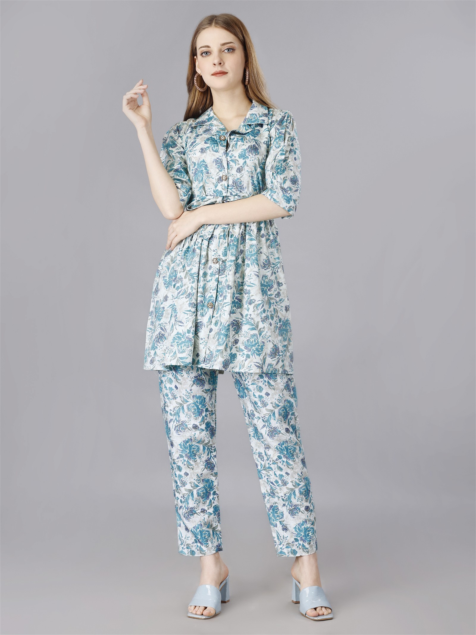 Blue Printed 2-Piece Trousers & Shirt Set