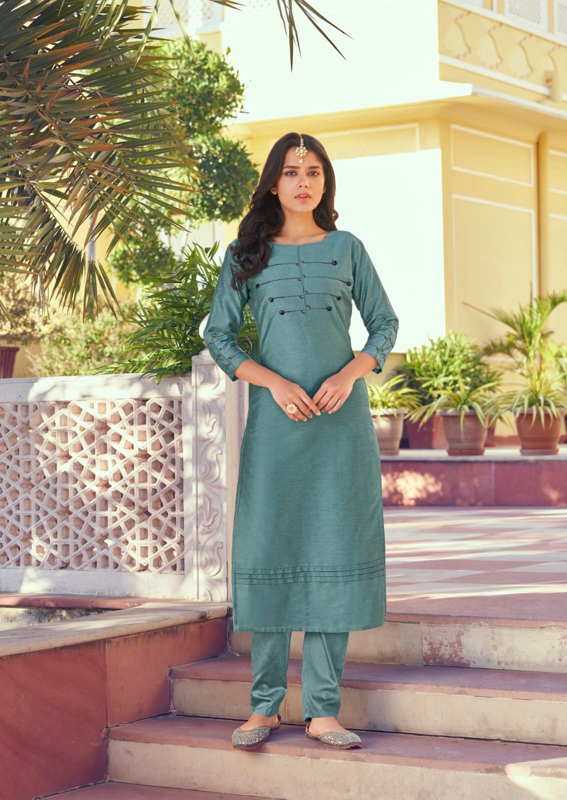 Long Teal Blue Latest Roman Silk Kurti With Pant