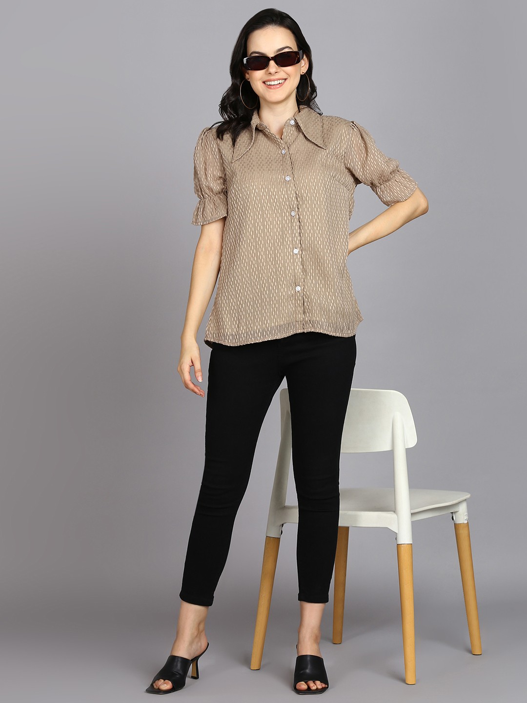 Spread Collar Beige Shirt with Short Sleeves