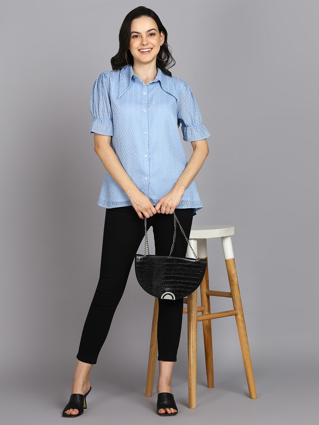 Casual Sky Blue Top with Regular Sleeves and Self Design