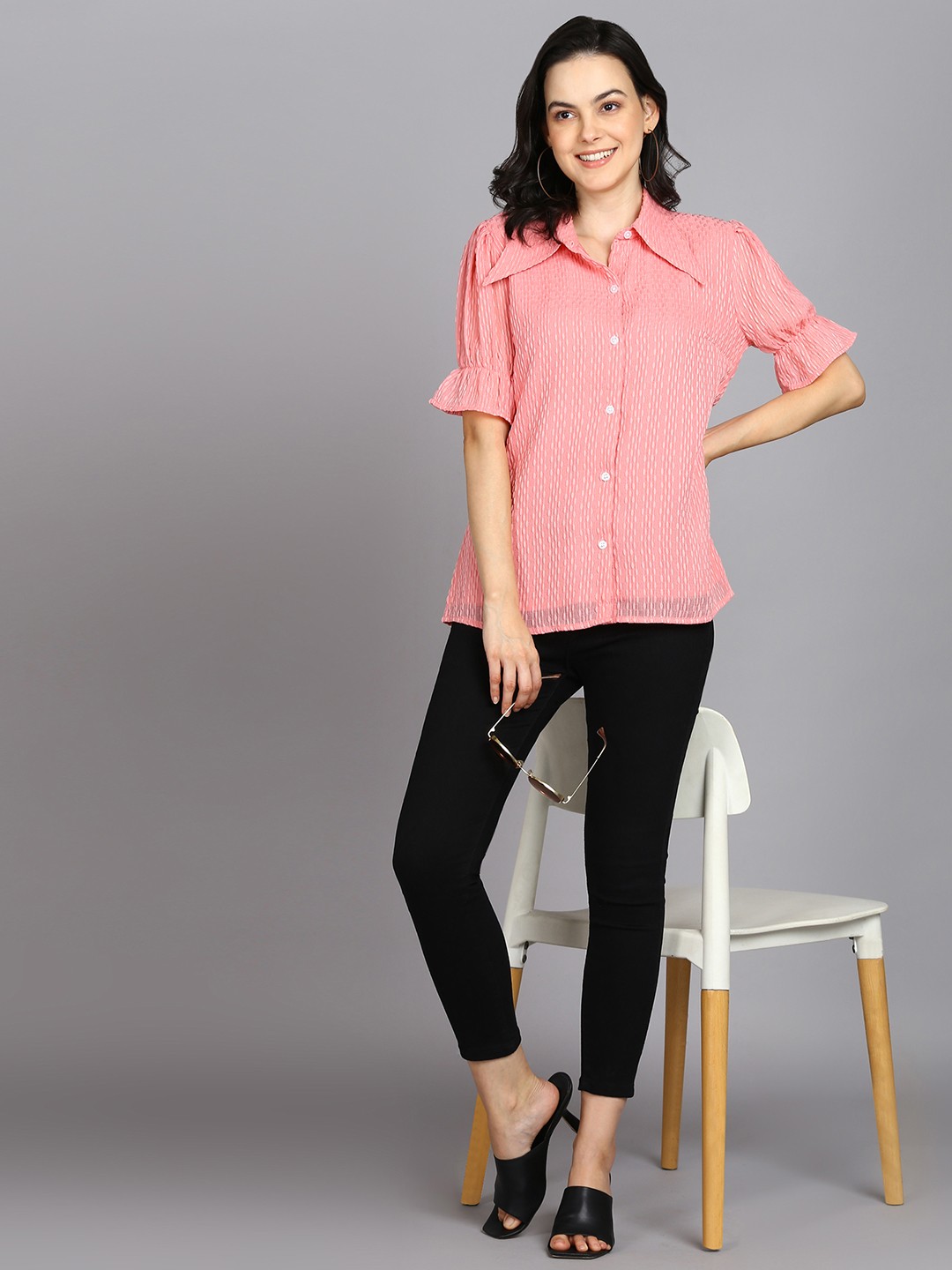 Casual Pink Top with Regular Sleeves and Self Design