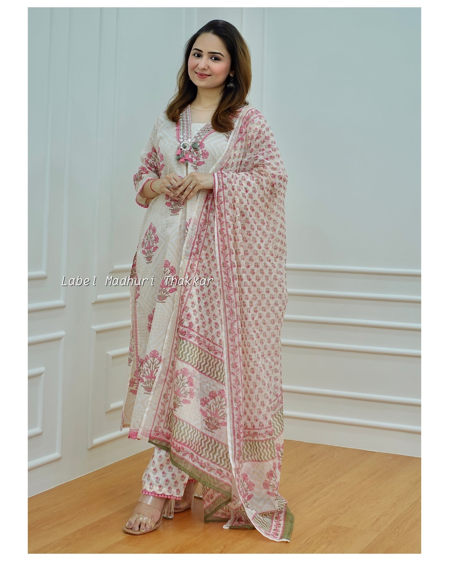 Offwhite And Pink Color Floral Printed Pure Cotton Top And Bottom With Dupatta