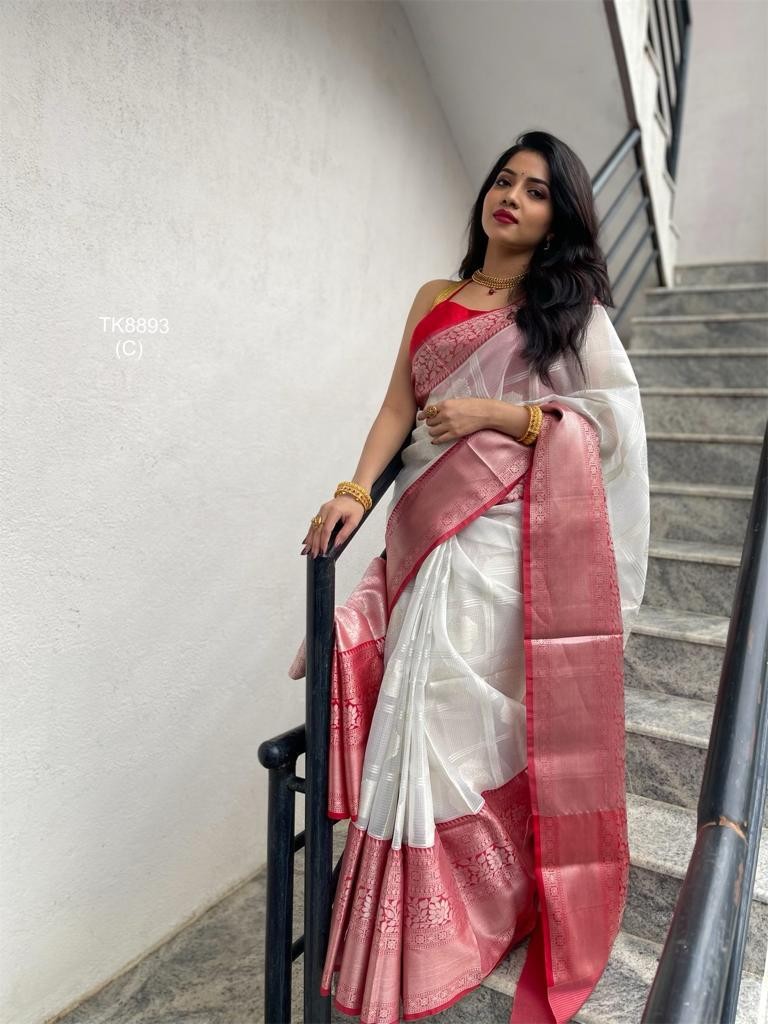 White Jacquard Woven Soft Silk Saree for Festive Occasions