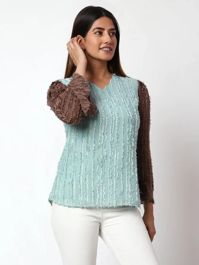 Casual Light Blue and Brown V-Neck Top Embellished for Women