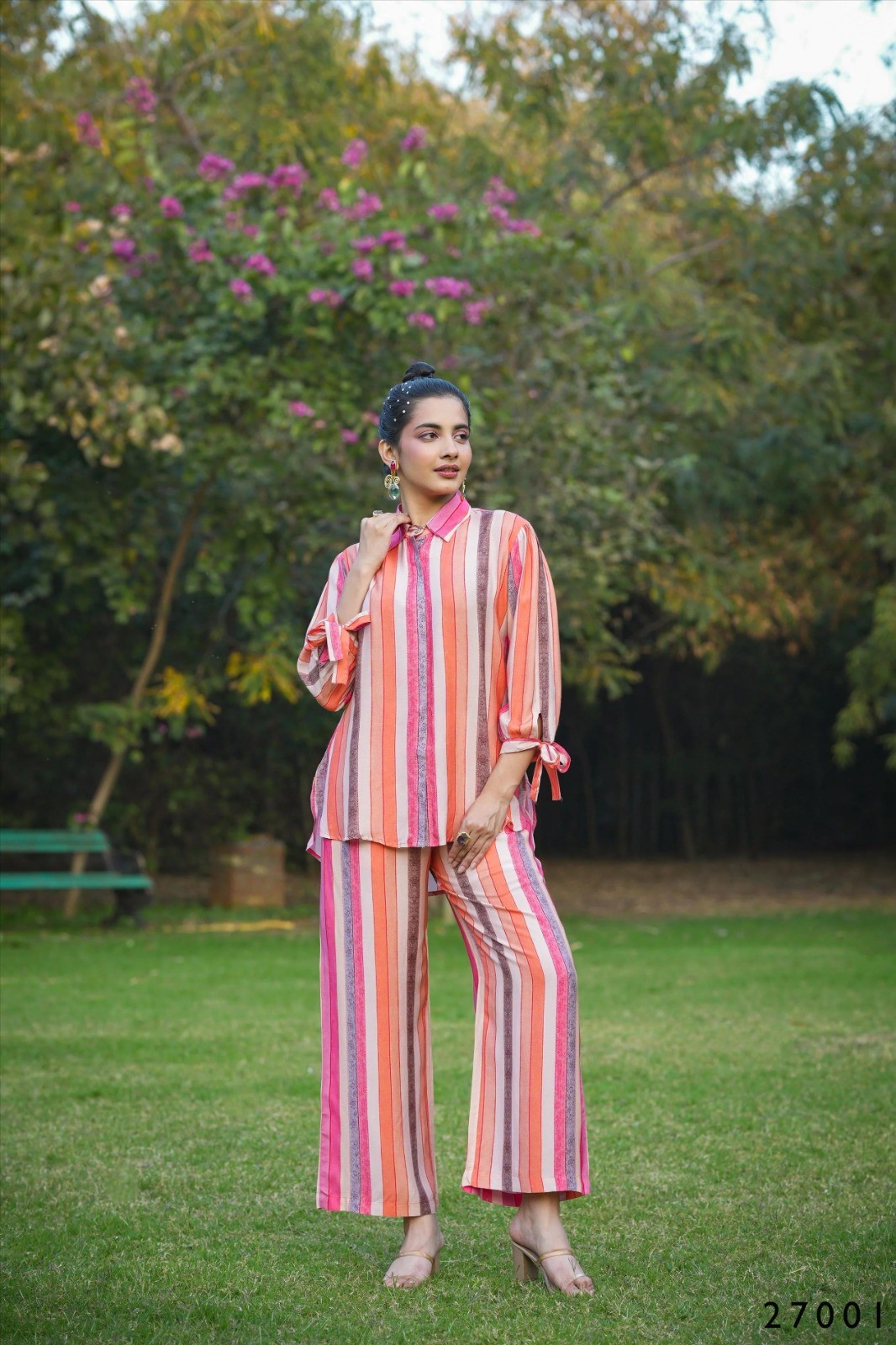 Mull Cotton Candy Stripes Multi Button Down Shirt With Palazzo Co-ord Set