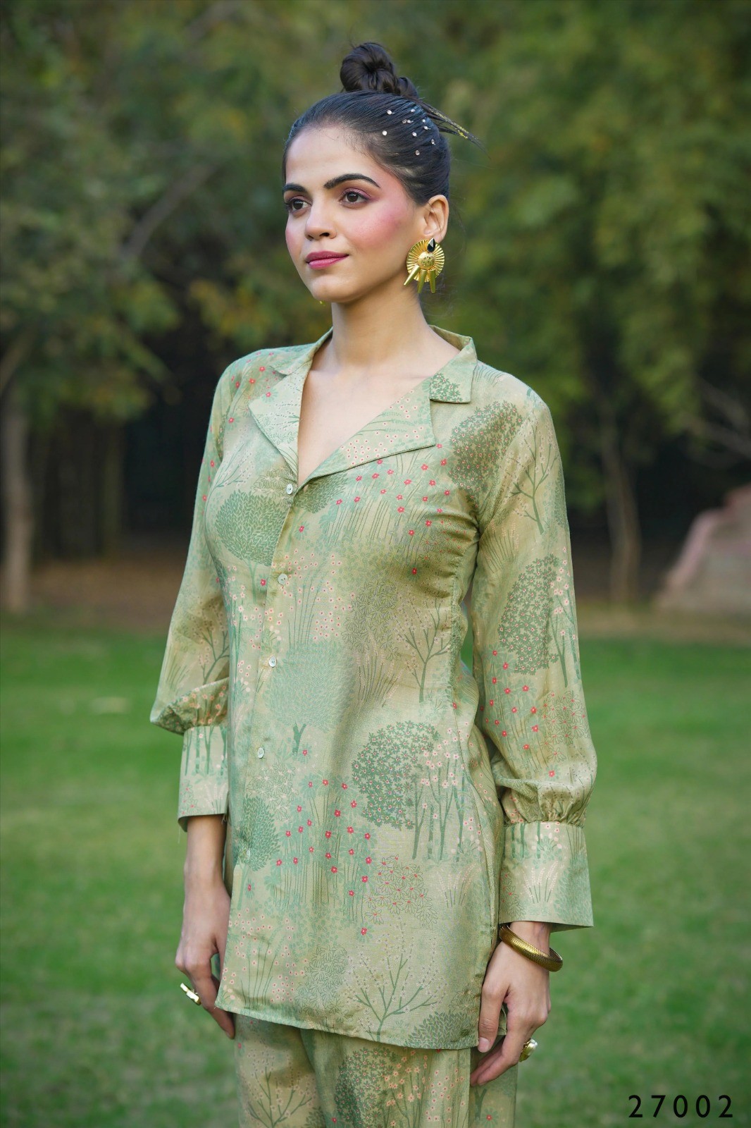 Green Button Down Shirt With Digital Print Palazzo