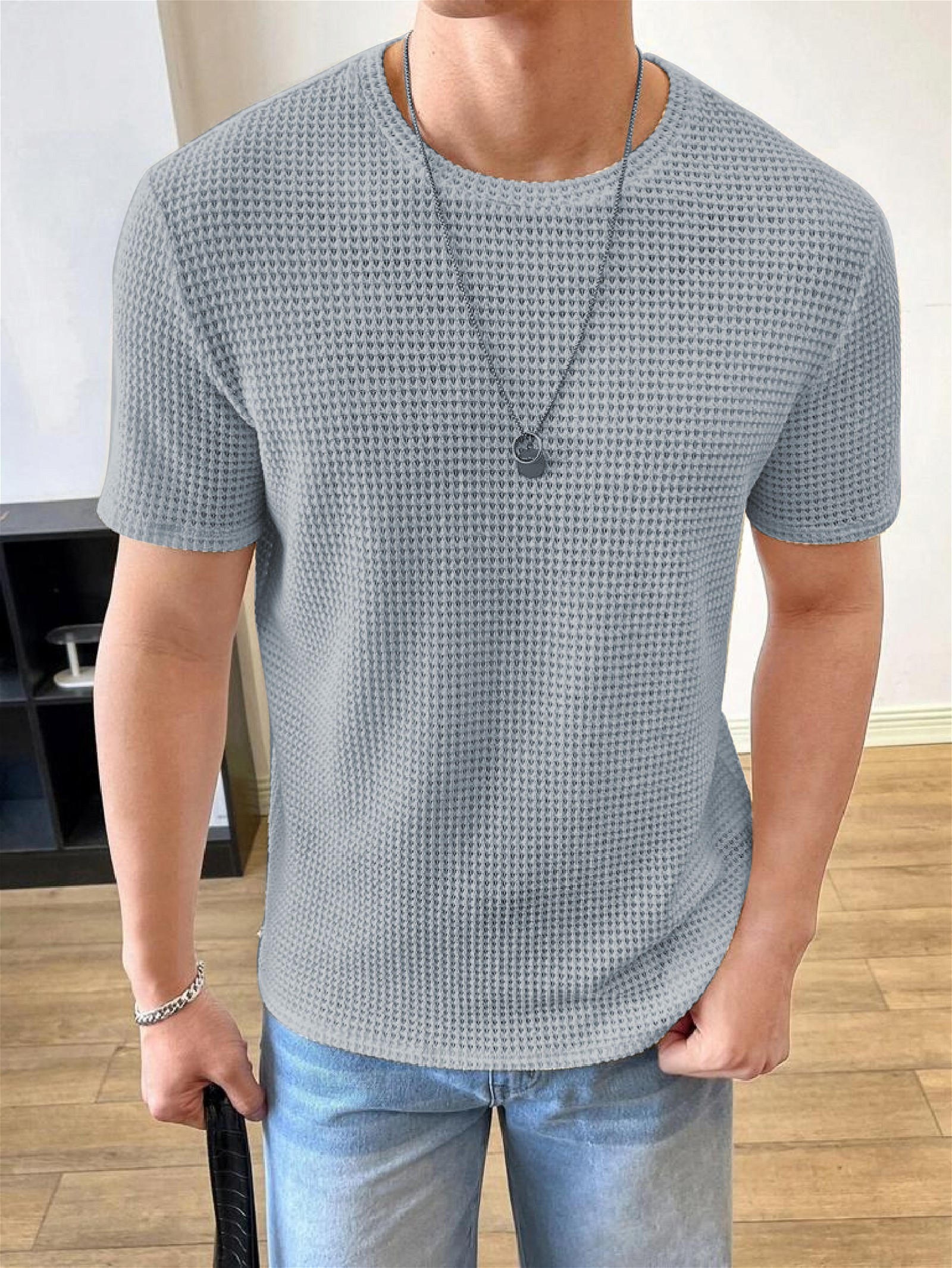 Round Neck Men Grey Solid Waffle T-Shirt