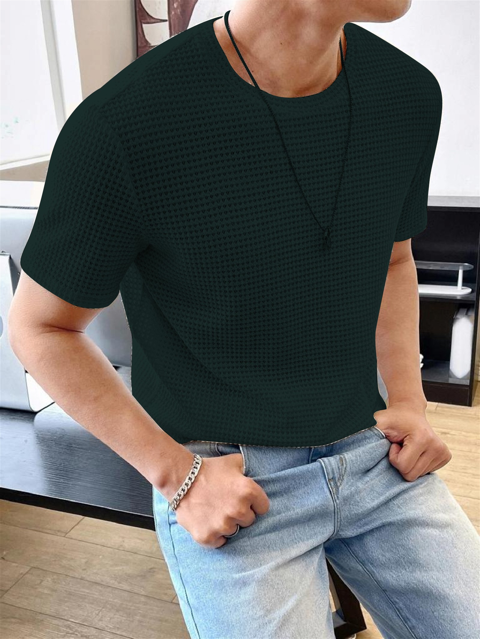 Dark Green Men Solid Round Neck Waffle T-Shirt