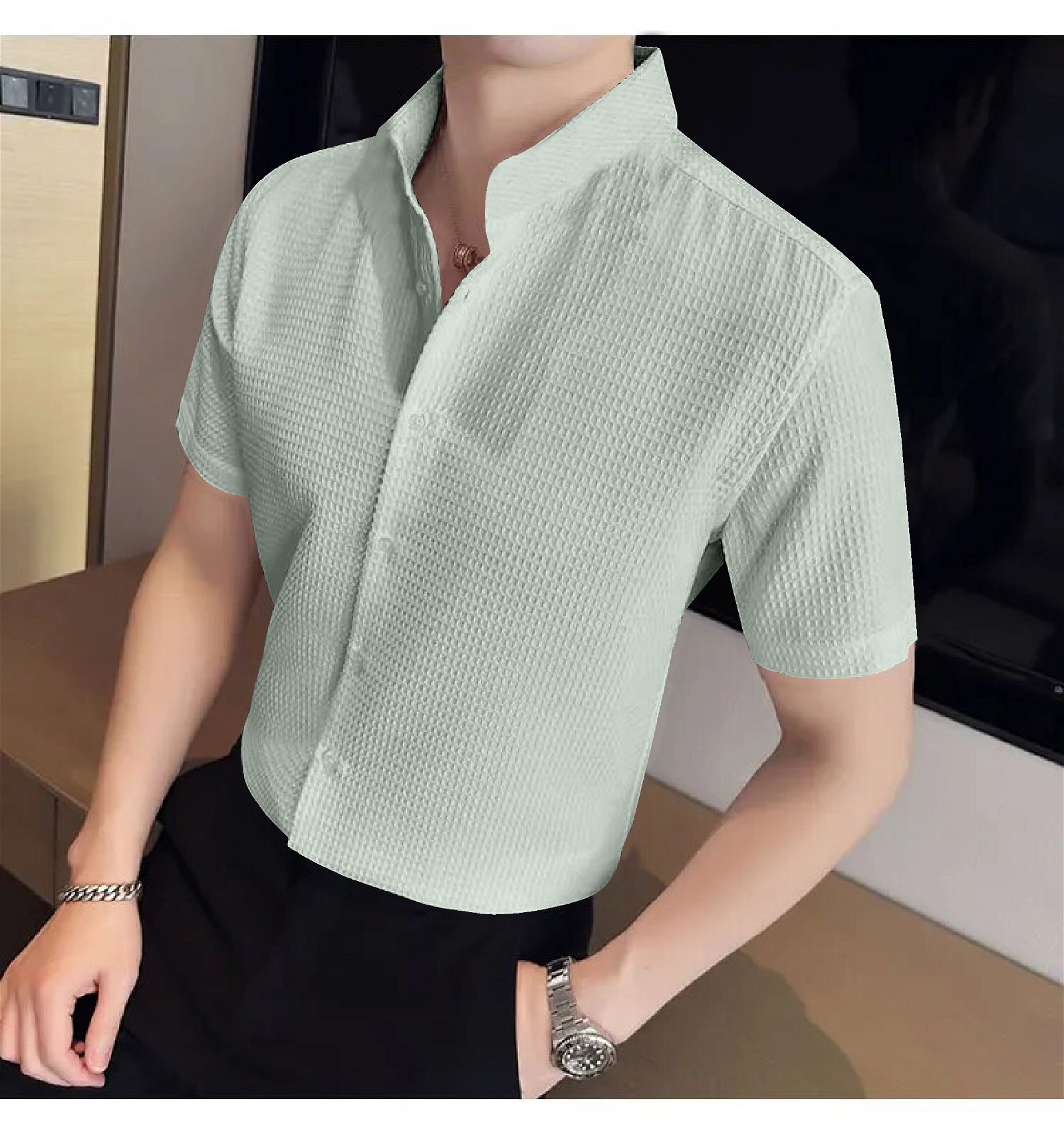 Men's Short Sleeve Casual Wear Pista Colour Shirt