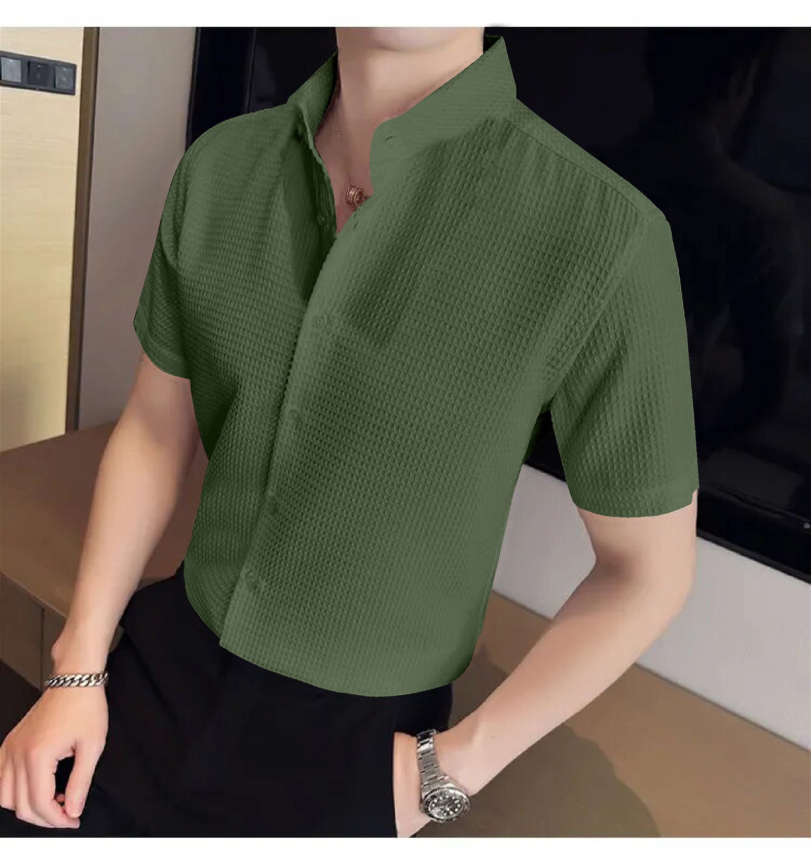 Men's Casual Wear Short Sleeve Dark Green Colour Shirt