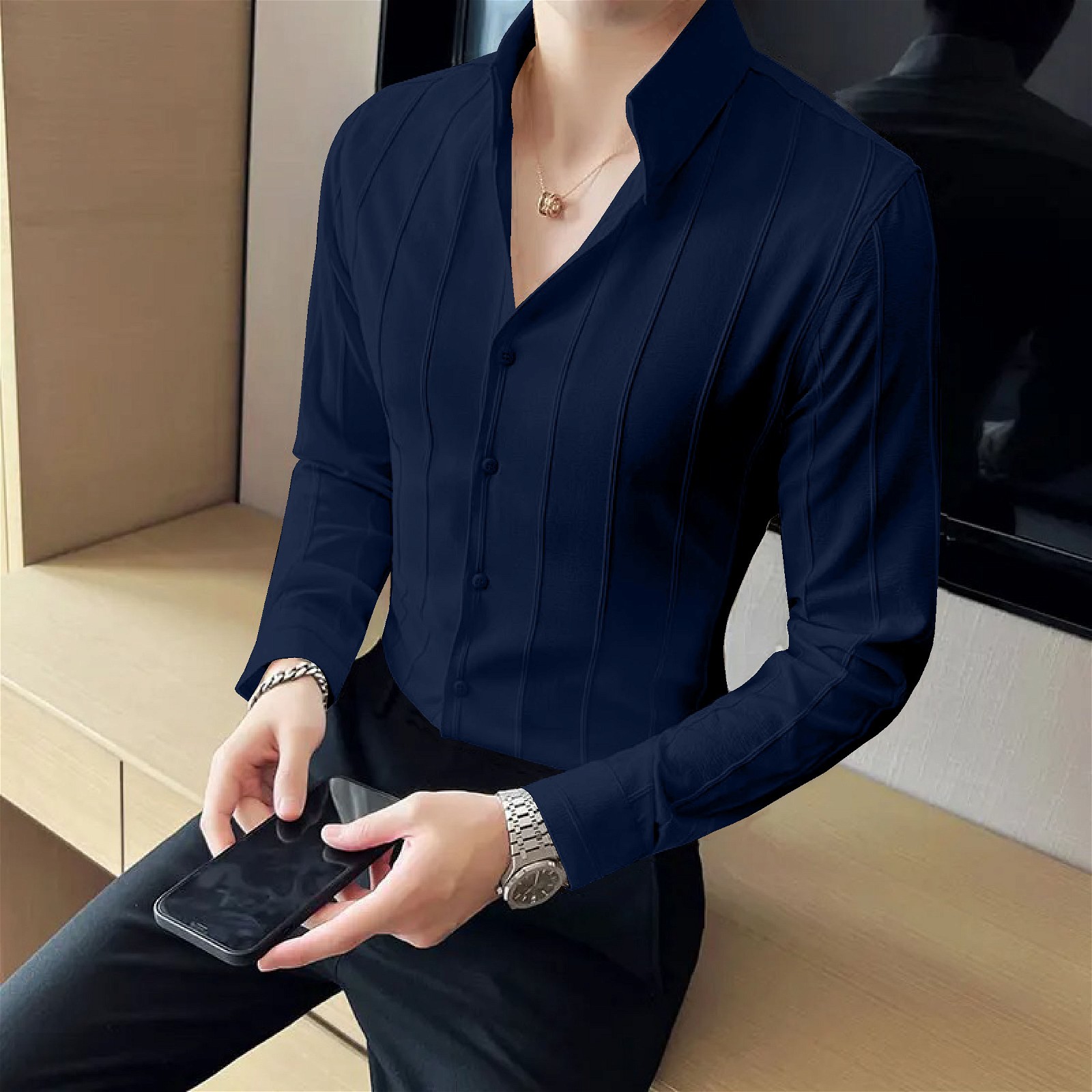 Premium Navy Blue Striped Refreshing Shirt