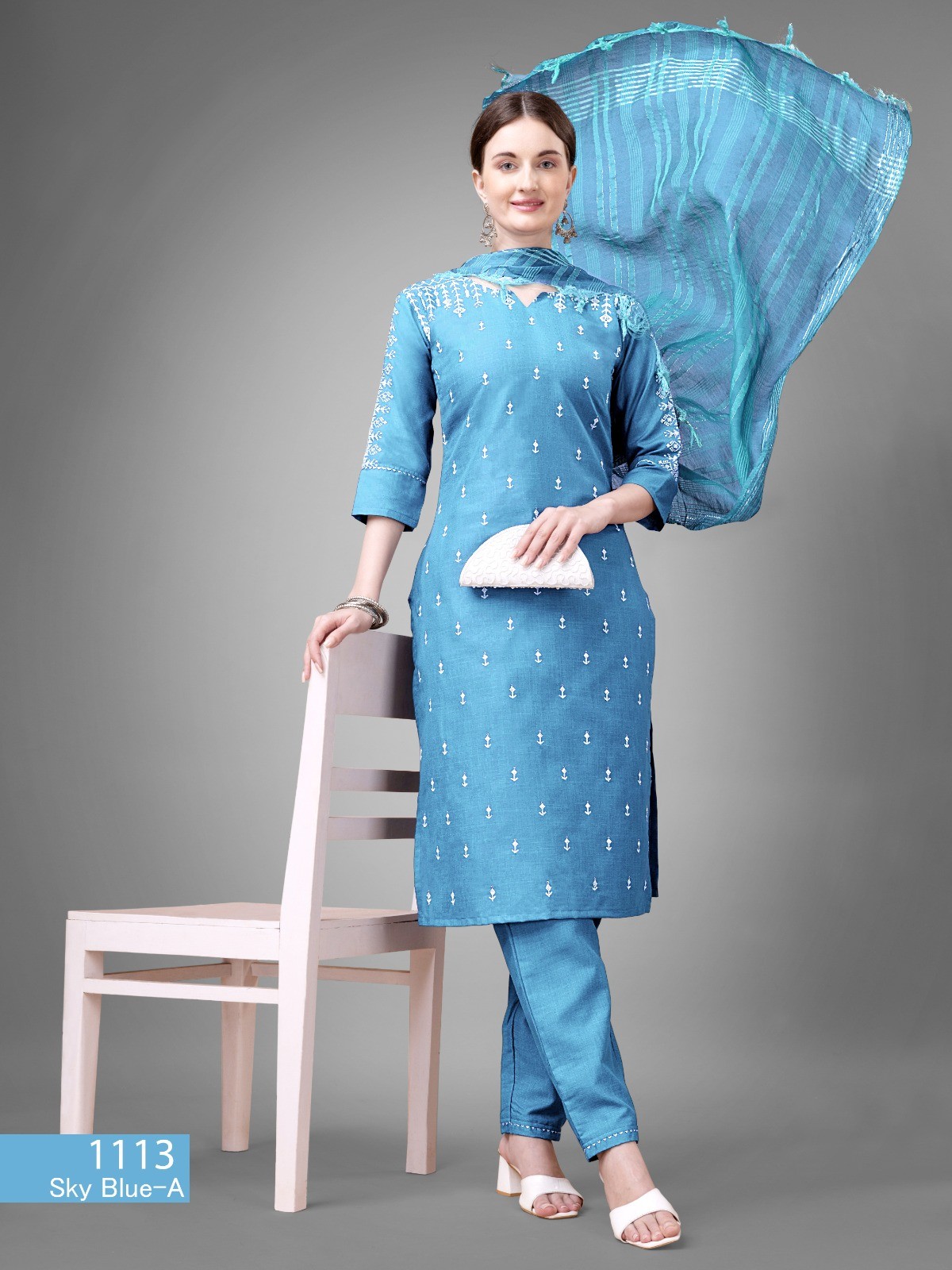 Sky Blue Women's Tranding Cotton blend Kurti,Pant with Dupatta