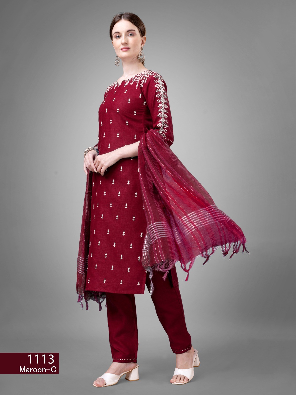 Maroon Cotton Bland Embroidery With Sequence Work Kurta Pant With Dupatta Set