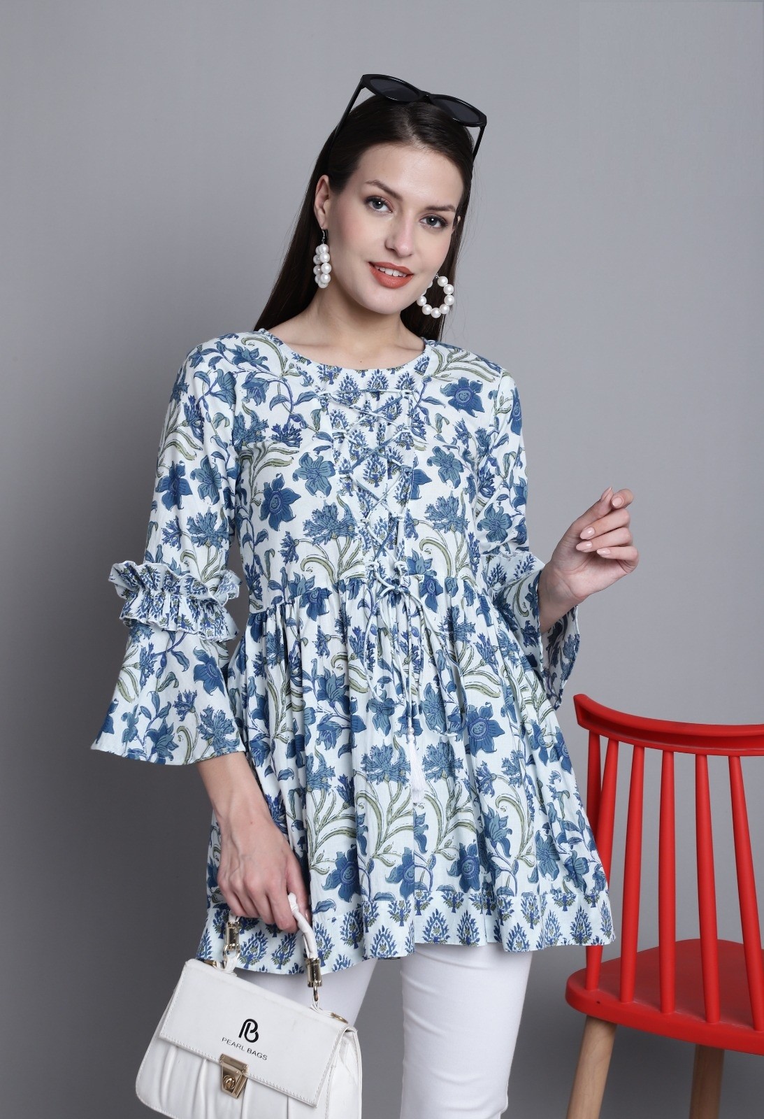 Pure Cotton Jaipuri Printed Short Top in White & Blue