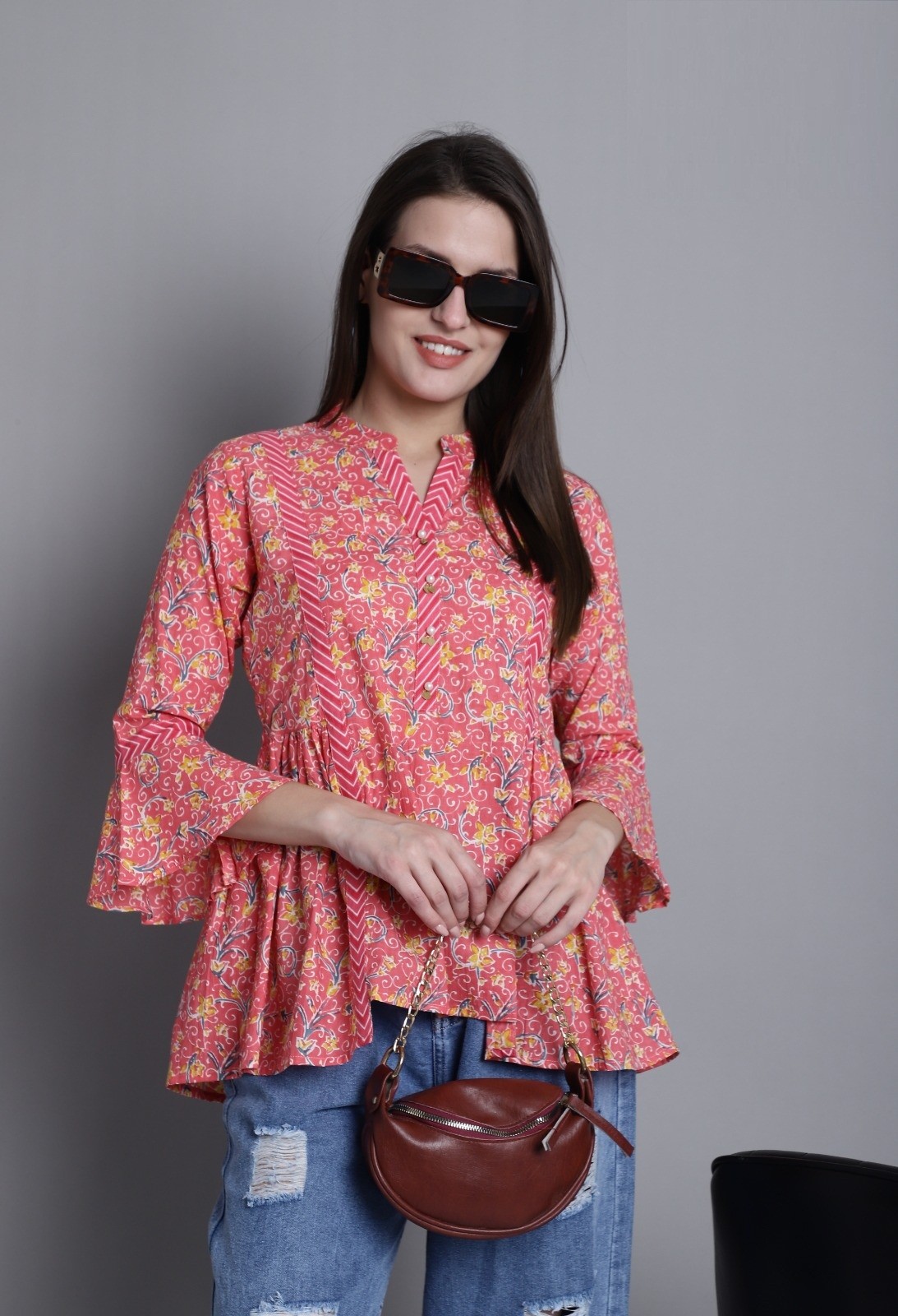 Pure Cotton Jaipuri Printed Short Top in Peach