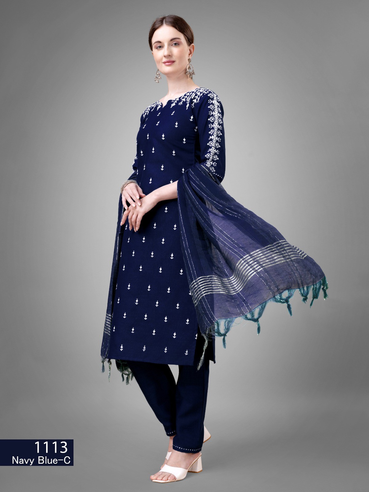 Cotton Blend Kurti Set in Deep Blue with Dupatta