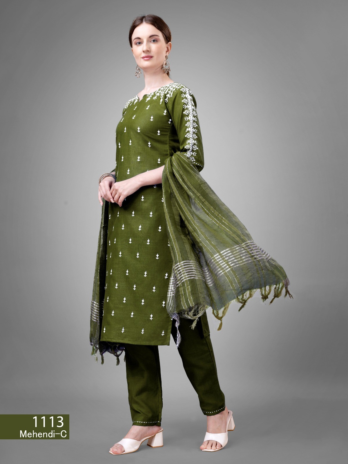 Sequined and Embroidered Dupatta Set with Mehendi Cotton Kurta and Pants