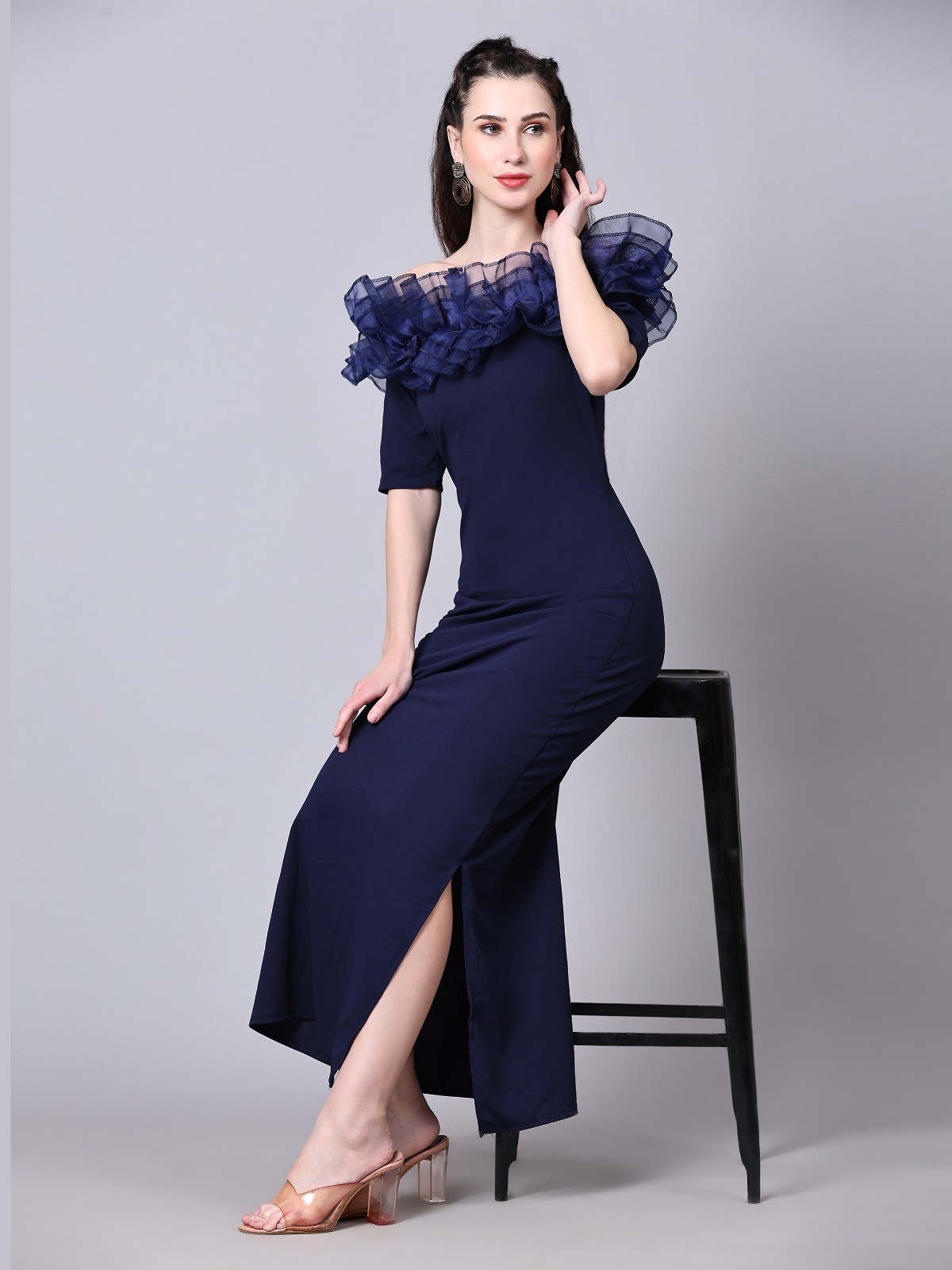 Stylish Navy Blue Women's Solid Cotton Lycra Short Sleeve Maxi/Full Length Bodycon Dress