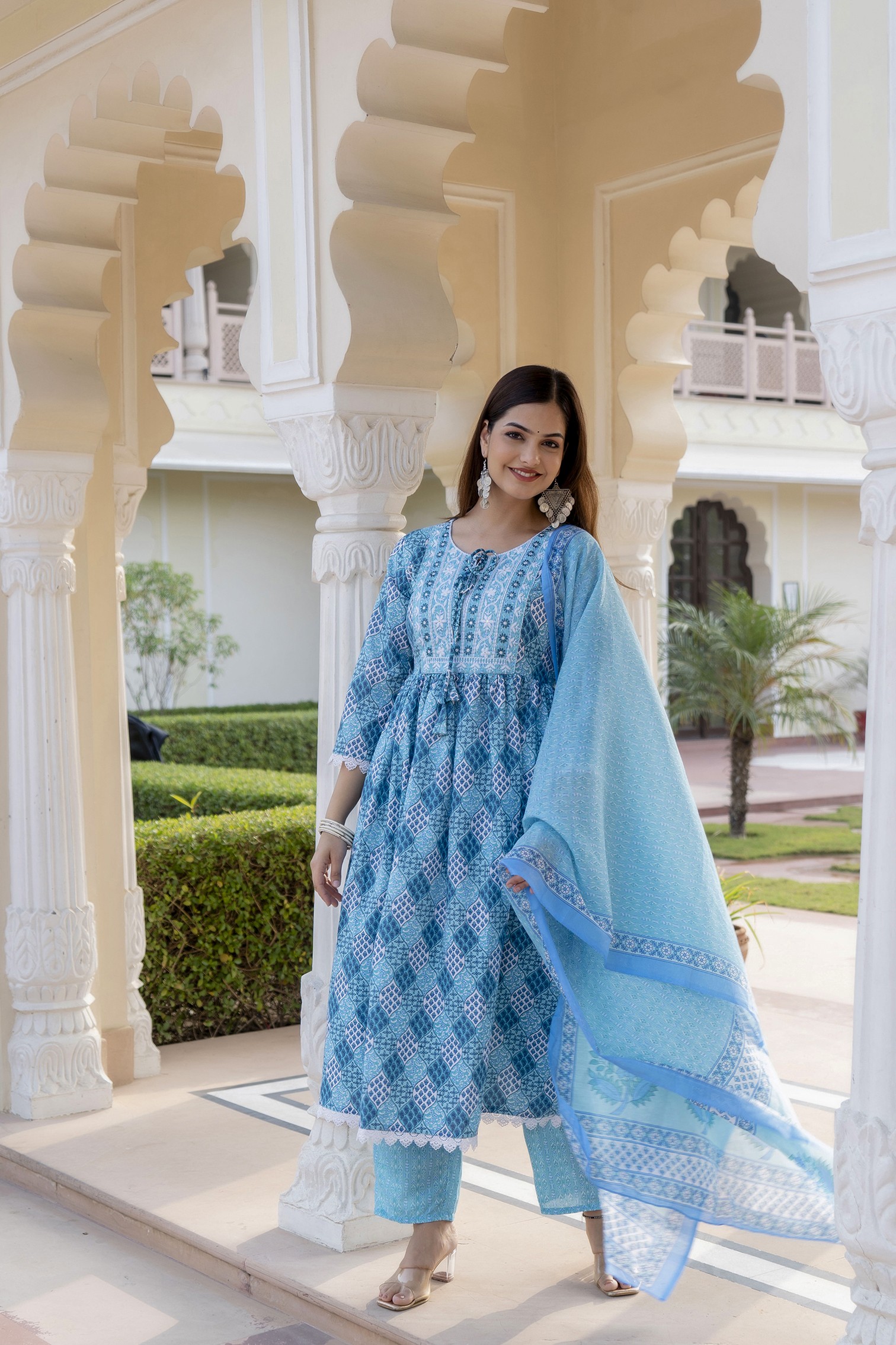 Embroidered Women's Anarkali Kurta and Pant Set with Dupatta