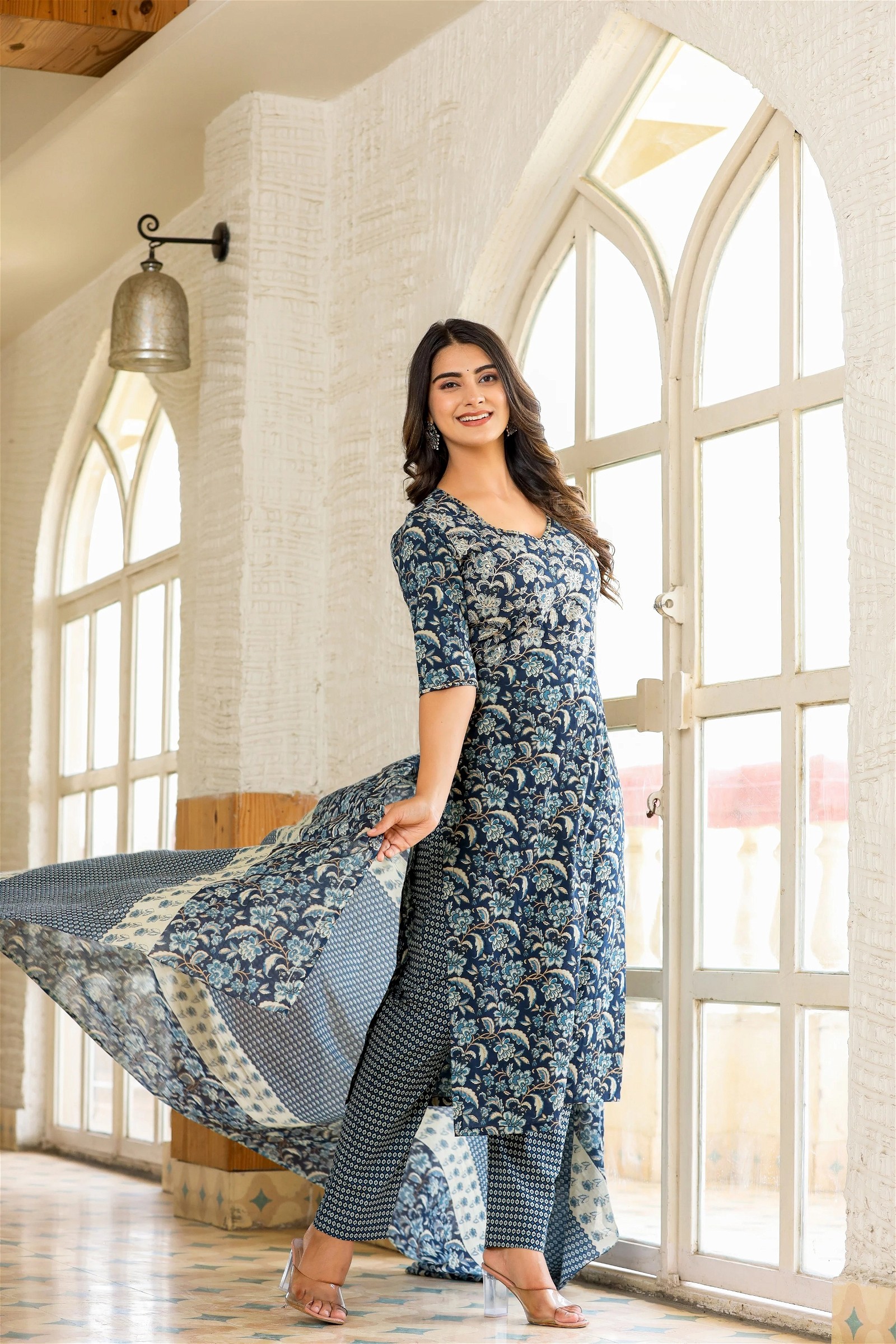 Printed Floral Straight Kurta and Pant Set with Dupatta