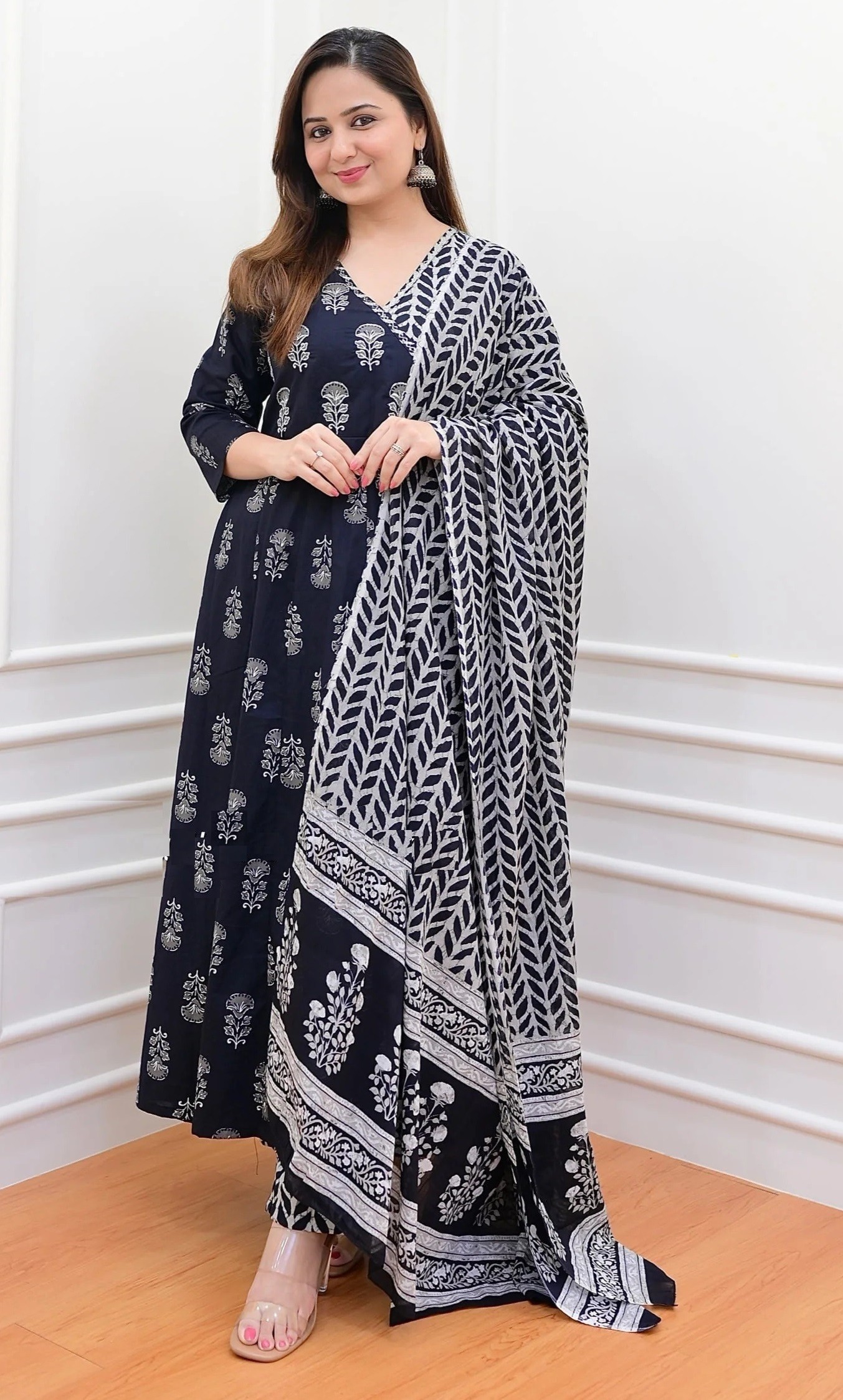 Block Printed Black Color Kurta Set with Dupatta for Women