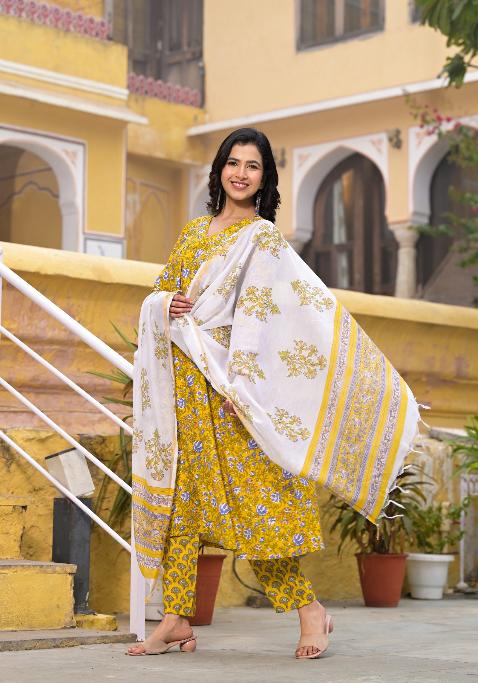 Yellow Color Block Printed Kurta and Pant Set with Dupatta for Women