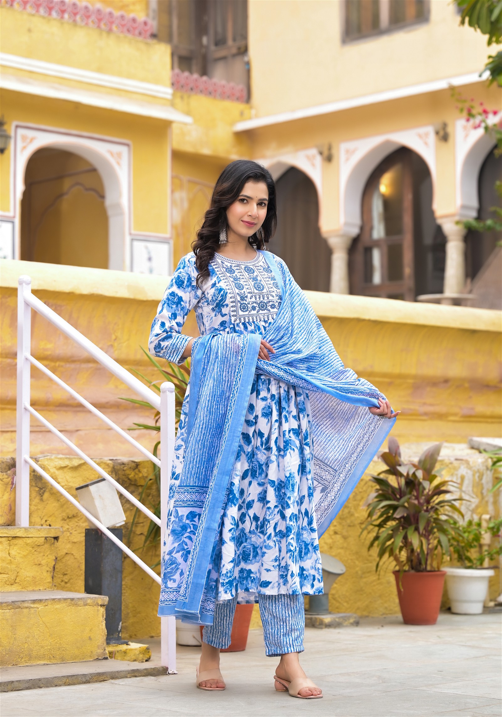 Simple Daily Wear Blue and White Kurta Set for Women