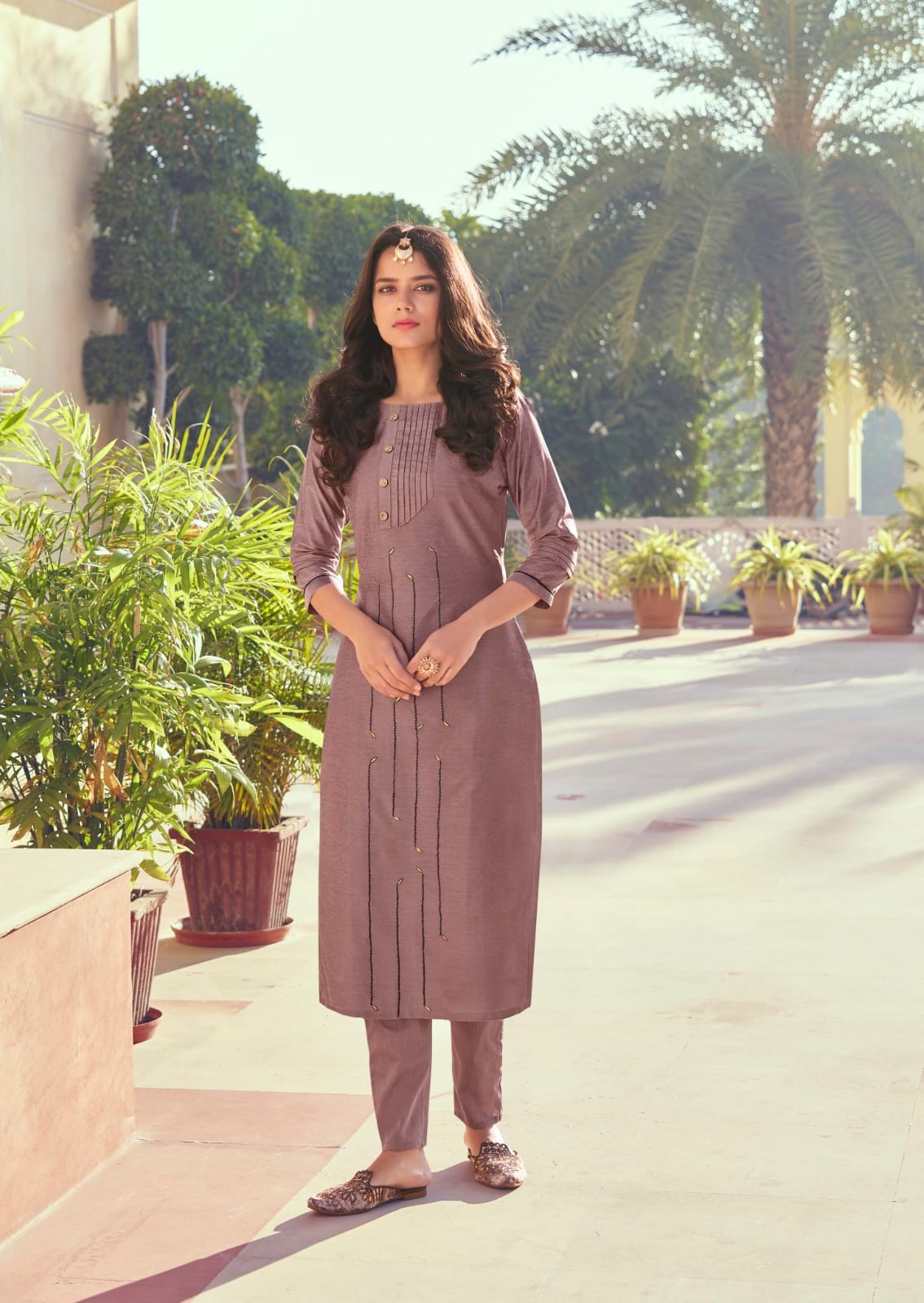 Lilac Brown Embroidery Work Roman Silk Kurta Set