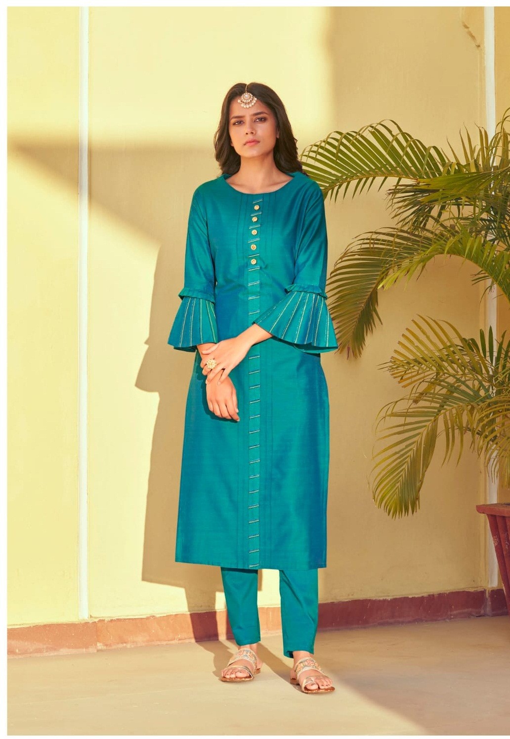 Modern Elegance: Teal Blue Roman Silk Kurti Pant Set