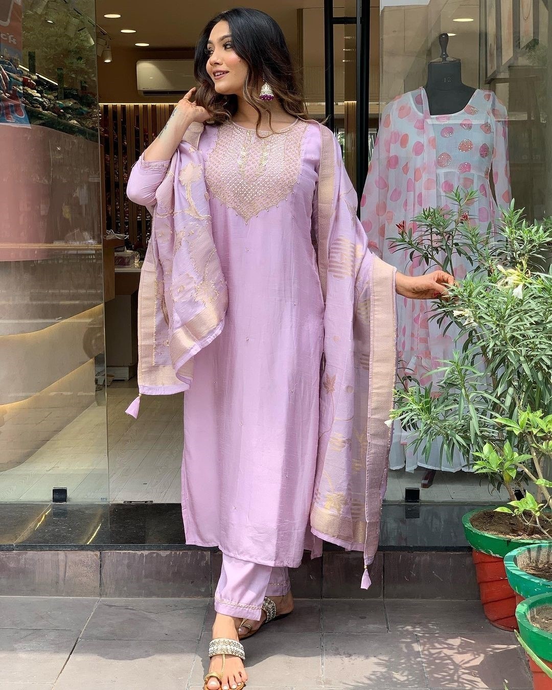 Lavender Straight Kurta with Pants & Dupatta